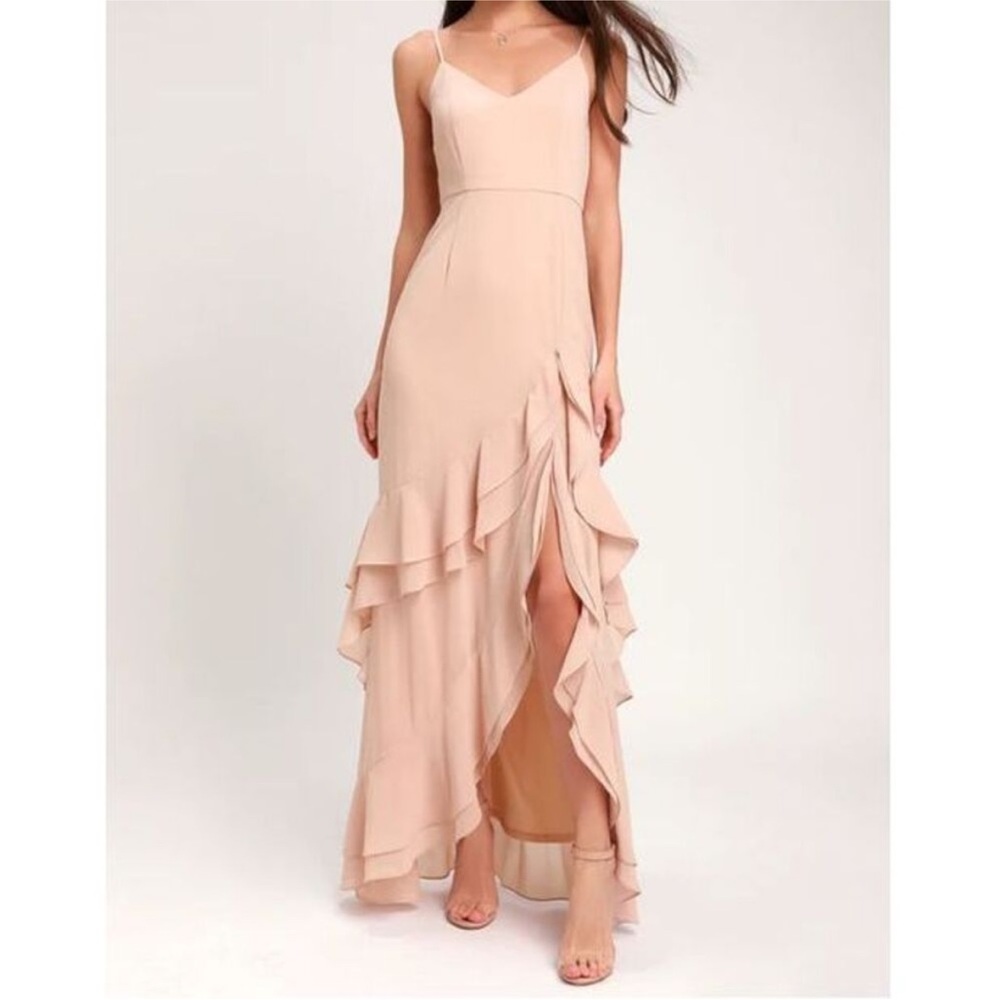Lulus Esther Blush Ruffled Sleeveless Maxi Dress Sz S Formal Prom Wedding